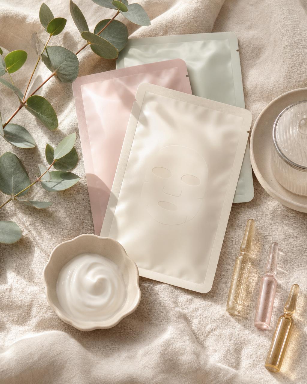 Luxury sheet masks, ampoules, and cream on oatmeal linen