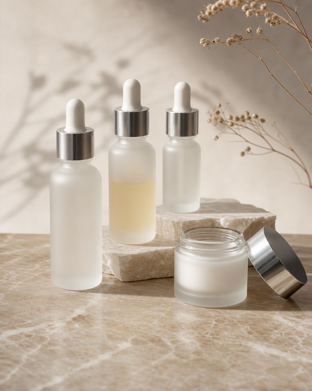 Frosted glass serum bottles and apothecary jars in warm neutral light