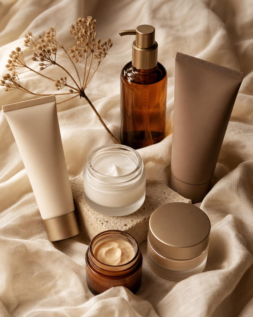 Cosmeceutical tubes, jars, and pump bottles on raw silk