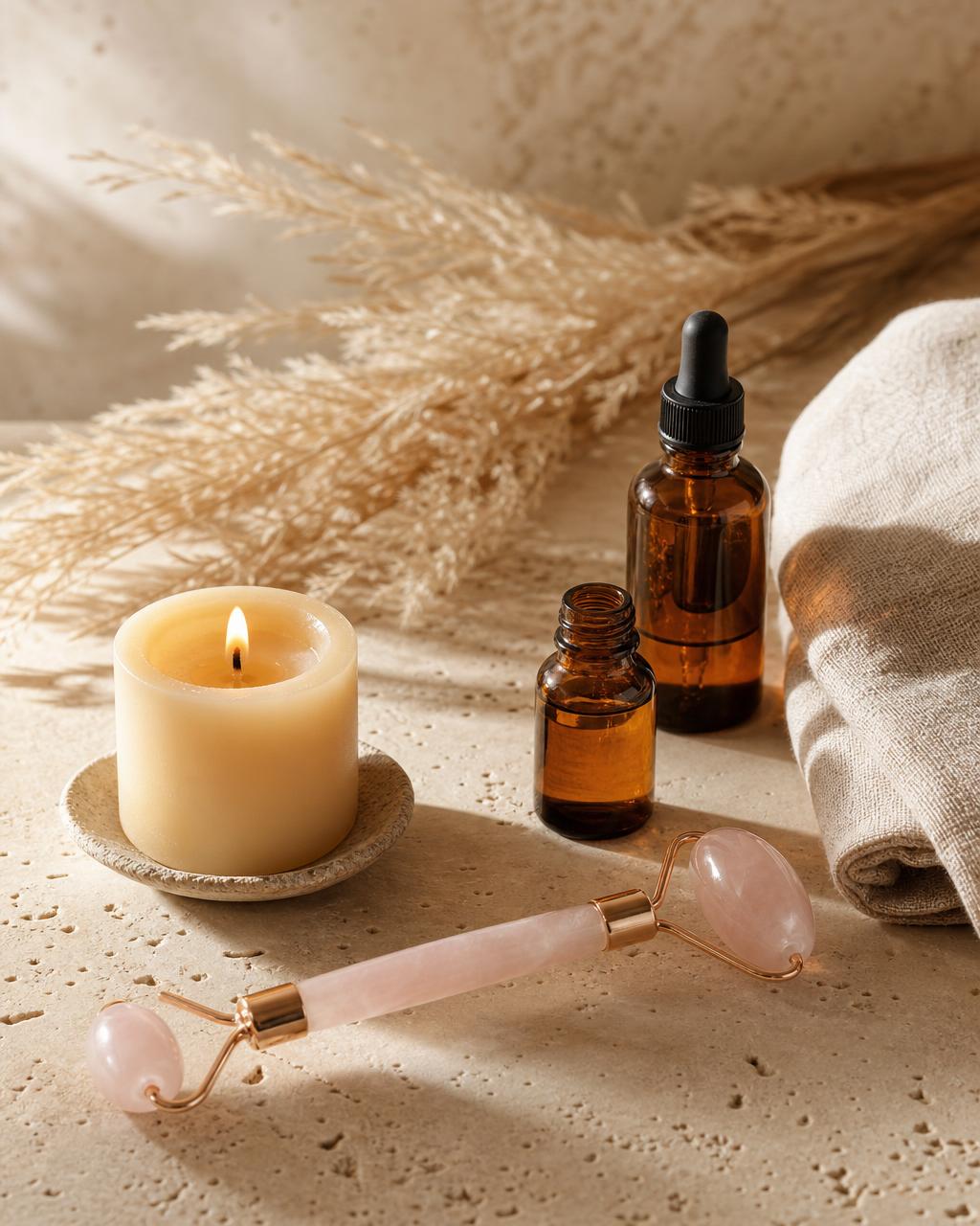 Rose-quartz face roller, amber oil bottles, candle, and dried botanicals